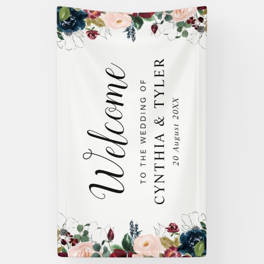 Bourgondische marine blauw bloemenwelkom bruiloft spandoek (Verticaal)