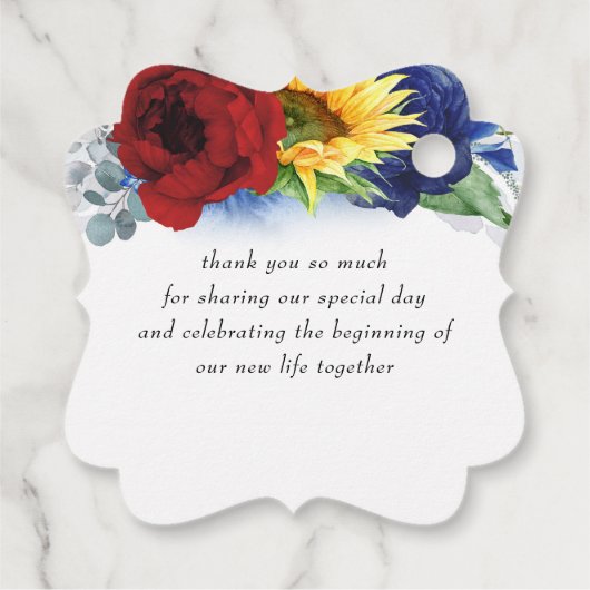 Bourgondische marine blauw en zonnebloem bruiloft  bedankjes labels (Achterkant)