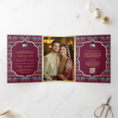 Bourgondische marine blauw goud olifant Indiase br Drieluik Uitnodiging (Binnen)