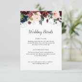 Bourgondische marine blauwe bloemenbruiloft detail informatiekaartje (Staand voorkant)