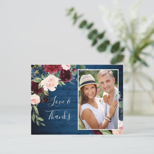 Bourgondische marine blauwe blush bruiloft foto da briefkaart (Staand voorkant)