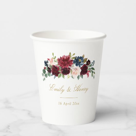 Bourgondische marine bloeit bruiloft papieren bekers (Achterkant)