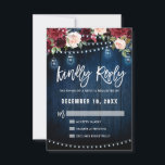 Bourgondische marine bloem slingerlamp metonsteken RSVP kaartje<br><div class="desc">Aquarel bordeauxrood marine blushroze landelijke landelijke stijl bloemige trouw-RSVP kaart sjabloon met groene botanische gebladerte en eucalyptusbladeren op houten achtergrond. Dit mooie, gemakkelijk aan te passen ontwerp kan gemakkelijk worden afgestemd op uw trouwkleuren, -stijlen en -thema en is een perfecte keuze voor herfst-, midzomer- of winterlandelijke bruiloften. U kunt meer...</div>