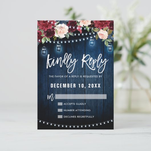 Bourgondische marine bloem slingerlamp metonsteken RSVP kaartje (Staand voorkant)