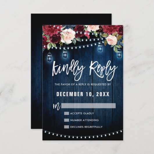 Bourgondische marine bloem slingerlamp metonsteken RSVP kaartje (Voorkant / Achterkant)