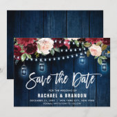 Bourgondische marine bloem slingerlamp metonsteken save the date (Voorkant / Achterkant)