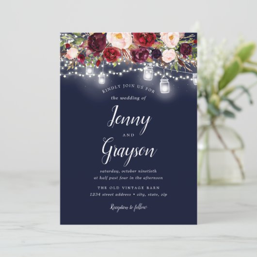 Bourgondische marine Bloemen Mason Jar Lights brui Kaart (Staand voorkant)