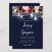 Bourgondische marine Bloemen Mason Jar Lights brui Kaart (Voorkant / Achterkant)