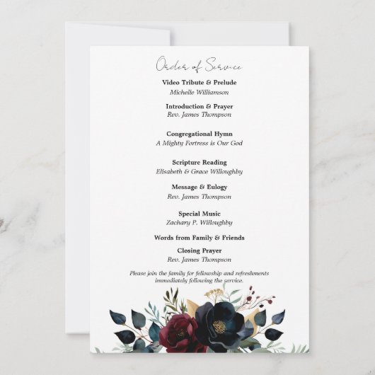 Bourgondische marine bloemenbegrafenisprogramma kaart (Achterkant)