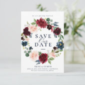 Bourgondische marine bloemenbewaar de datumkaart save the date (Staand voorkant)