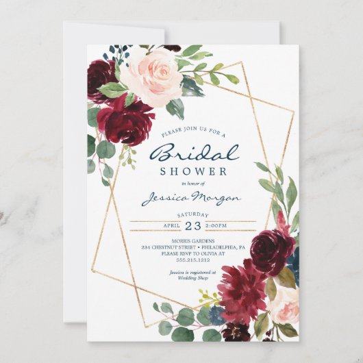 Bourgondische marine bloemenbruids douche uitnodig kaart (Voorkant)