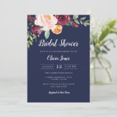 Bourgondische marine bloemenbruids douche uitnodig kaart (Staand voorkant)