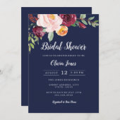 Bourgondische marine bloemenbruids douche uitnodig kaart (Voorkant / Achterkant)