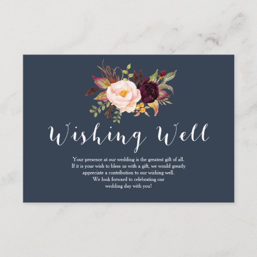 Bourgondische marine bloemenbruiloft goed wensen informatiekaartje (Voorkant)