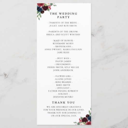 Bourgondische marine bloemenslinger bruiloft progr programmakaart (Achterkant)