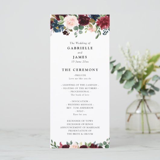 Bourgondische marine bloemenslinger bruiloft progr programmakaart (Staand voorkant)