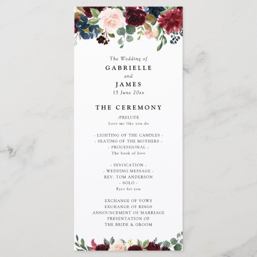 Bourgondische marine bloemenslinger bruiloft progr programmakaart (Voorkant)