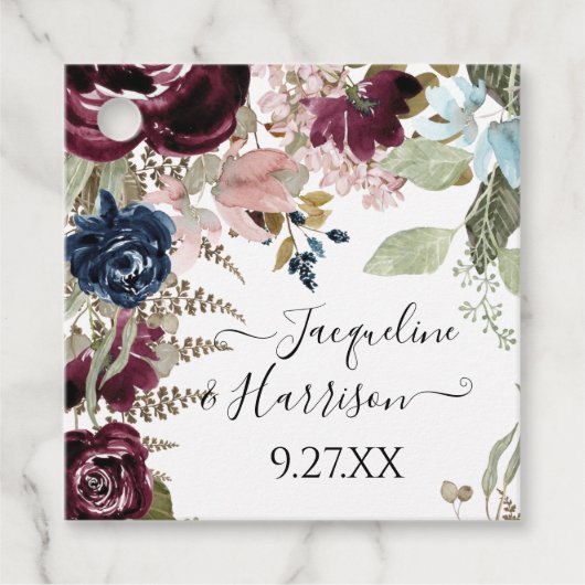 Bourgondische marine bloemig Elegant Eucalyptus ge Bedankjes Labels (Voorkant)