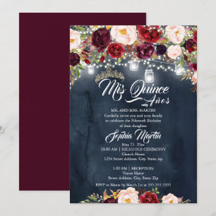Bourgondische marine bloemlichten Quinceanera Kaart