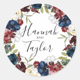 Bourgondische marine botanische krans bruiloft ronde sticker
