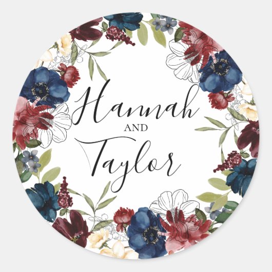 Bourgondische marine botanische krans bruiloft ronde sticker (Voorkant)