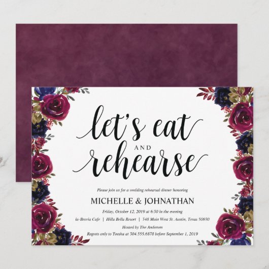 Bourgondische marine bruiloft repetitie diner uitn kaart (Voorkant / Achterkant)