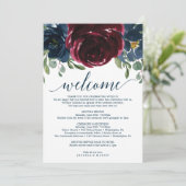 Bourgondische marine bruiloft welkom routebrief programmakaart (Staand voorkant)