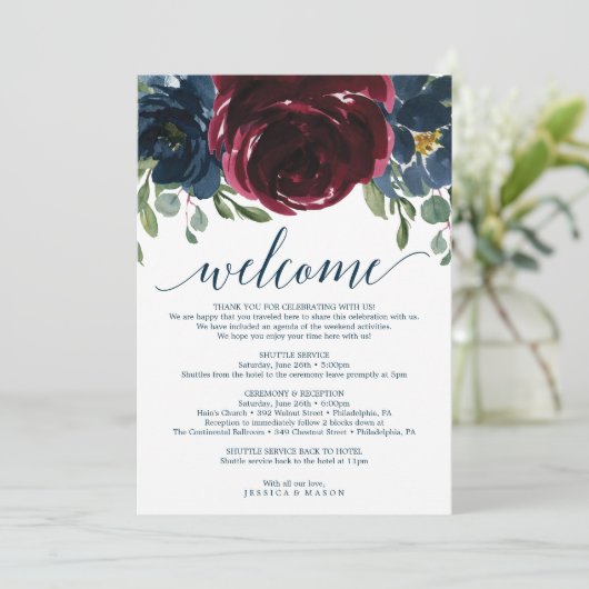 Bourgondische marine bruiloft welkom routebrief programmakaart (Staand voorkant)