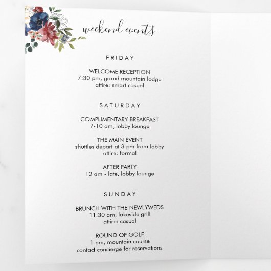 Bourgondische marine bruiloft welkomstbrief & reis drieluik programma (Binnenzijde eerst)