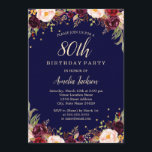 Bourgondische marine Elegant Bloemen 80ste Verjaar Kaart<br><div class="desc">griepvaccinaties in de Little Bayleigh Store.</div>