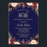 Bourgondische marine Elegant Bloemen 80ste Verjaar Kaart<br><div class="desc">griepvaccinaties in de Little Bayleigh Store.</div>