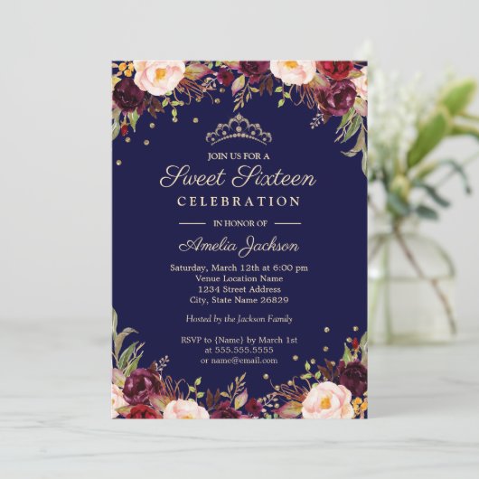 Bourgondische marine Elegant Bloemen Sweet Sixteen Kaart (Staand voorkant)