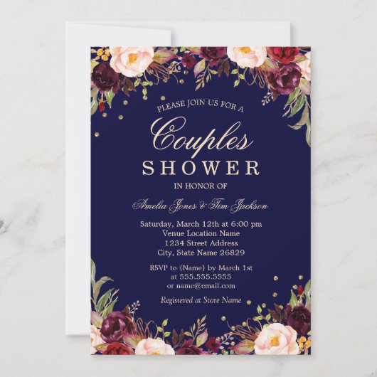 Bourgondische marine Elegante Bloemen Koppels Douc Kaart (Voorkant)