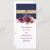 Bourgondische marine en gouden bloemen bruiloft pr programmakaart (Voorkant / Achterkant)