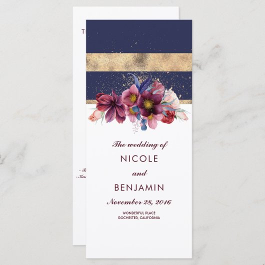 Bourgondische marine en gouden bloemen bruiloft pr programmakaart (Voorkant / Achterkant)