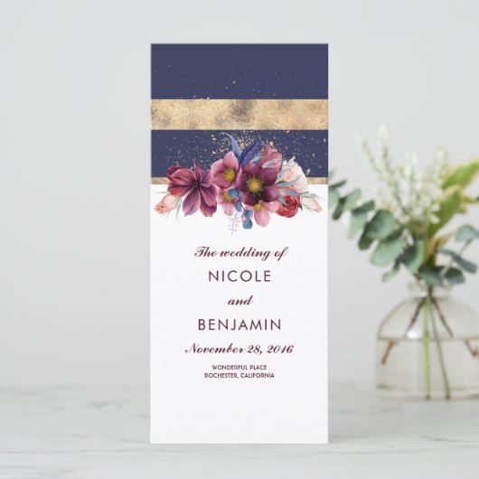 Bourgondische marine en gouden bloemen bruiloft pr programmakaart (Staand voorkant)