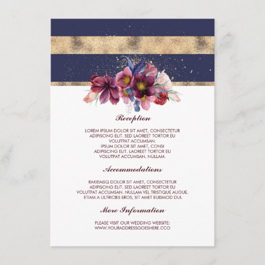 Bourgondische marine en gouden bruiloft informatie informatiekaartje (Voorkant)