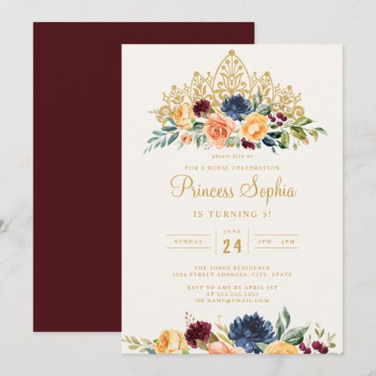Bourgondische marine prinses Floral Tiara verjaard Kaart (Voorkant / Achterkant)