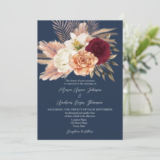 Bourgondische marine QR Code Wedding Kaart (Staand voorkant)