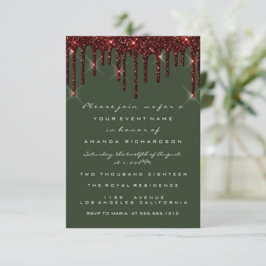Bourgondische Maroon Glitter Drips Bruidsbos Kaart (Staand voorkant)