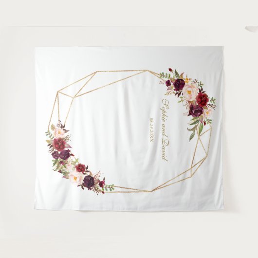 Bourgondische Marsala Bloem Gouden Bruiloft Fotoho Wandkleed (Voorkant (horizontaal))