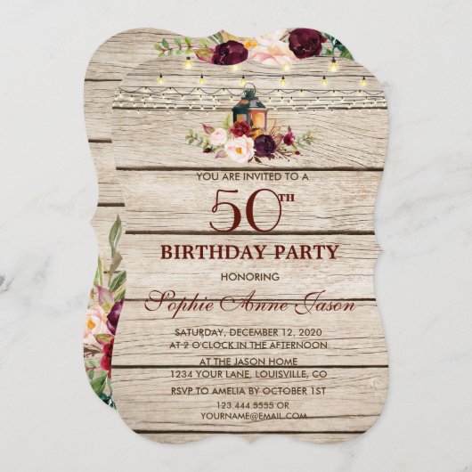 Bourgondische Marsala Bloemenlantaarn 50e Verjaard Kaart (Voorkant / Achterkant)