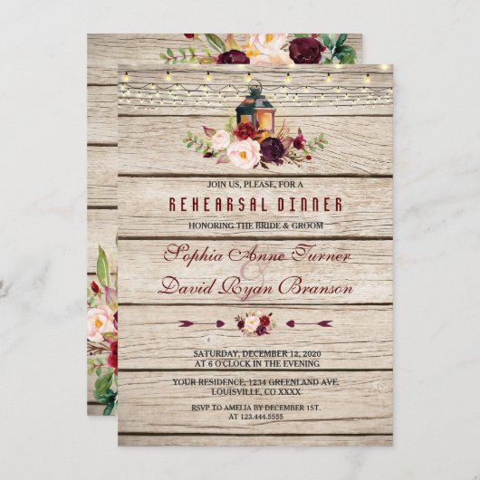 Bourgondische Marsala Bloemlantaarn Oefendiner Kaart (Voorkant / Achterkant)