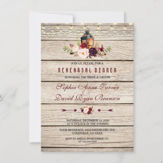 Bourgondische Marsala Bloemlantaarn Oefendiner Kaart (Voorkant)