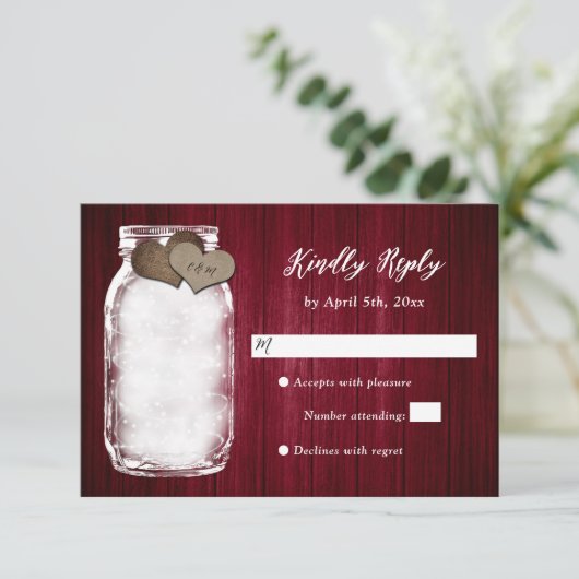 Bourgondische Mason Jar Wood Lights Wedding RSVP K (Staand voorkant)