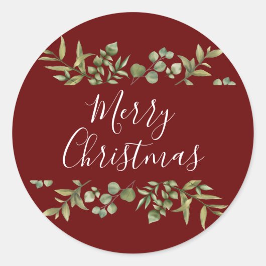 Bourgondische Merry Christmas Elegante Script Groe Ronde Sticker (Voorkant)