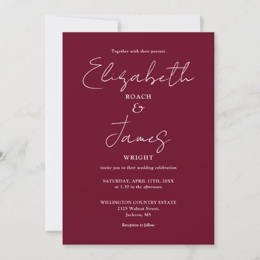 Bourgondische minimalistische elegante script brui kaart (Voorkant)