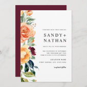 Bourgondische moderne bloemenbloesems bruiloft uit kaart (Voorkant / Achterkant)