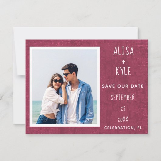 Bourgondische moderne foto save the date (Voorkant)