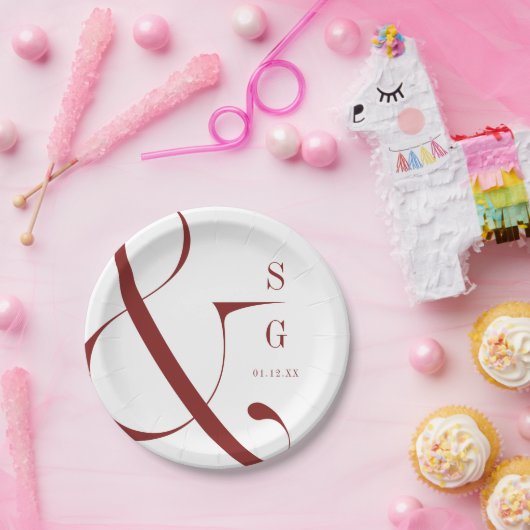 Bourgondische moderne minimalistische koppels mono papieren bordje (Feest)